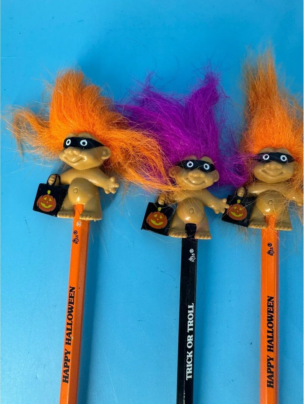 7 Vtg Troll Pencil Topper Pencil Good Luck Troll Happy Halloween New Old Stock